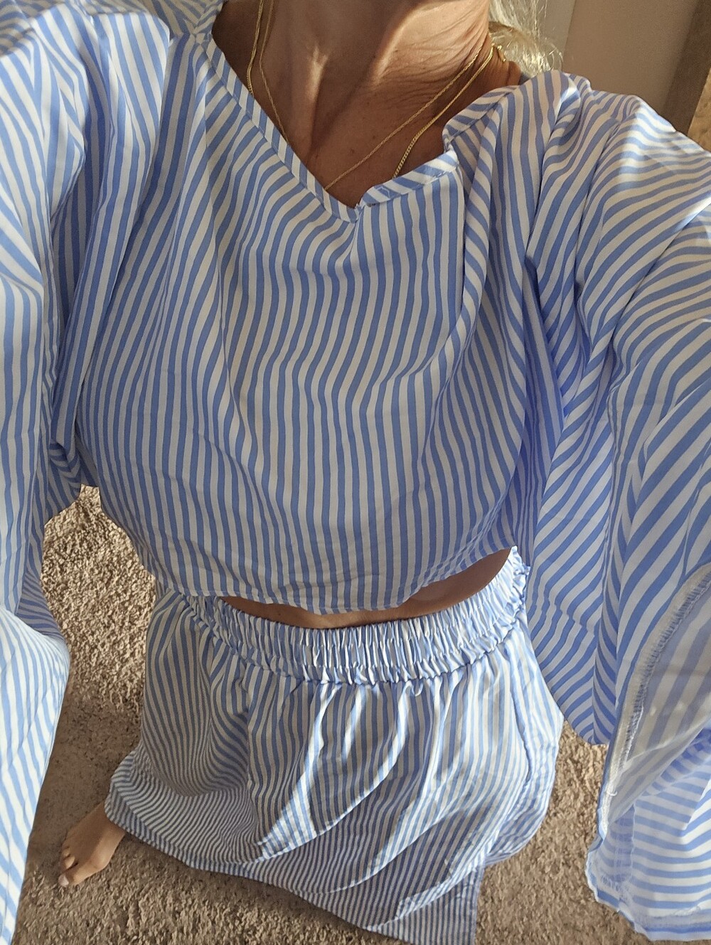 Light Blue & White Long Sleeve Crop With Skirt Striped Two-Piece Set